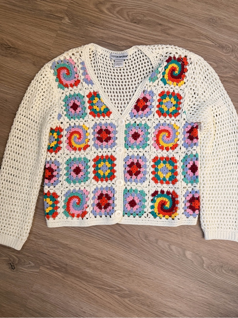Cotton Emporium Cream Crochet Cardigan with Multicolor Squares